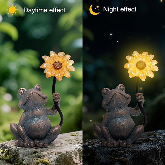 basen Solar Frog Statue with Glowing Sunflower Light, Outdoor Garden Frog Figurine Decor for Yard Lawn Patio, Resin Solar Animal Sculpture with LED Light for Garden Landscape, Gift for Mom Grandma