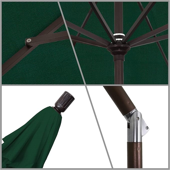 California Umbrella 9' Round Aluminum Market Umbrella, Crank Lift, Collar Tilt, Bronze Pole, Hunter Green Olefin