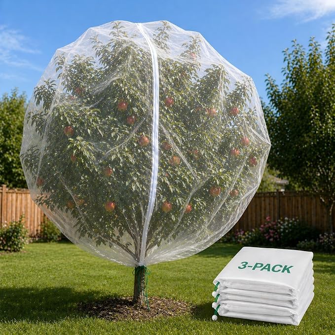 3 Pack 10 x 10 ft Large Fruit Tree Netting Covers with Zipper & Drawstring, Extra Fine Mesh Garden Netting for Blueberry Peach Apple Trees, Protects Fruit from Birds, Squirrels, Deer, Cicadas, Beetles