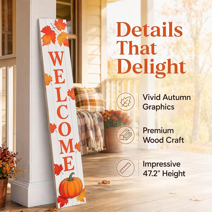 Fall Welcome Porch Sign | Vertical Wooden Welcome Sign with Pumpkin & Maple Leaves | Farmhouse Autumn Thanksgiving Harvest Decor | Front Door Indoor/Outdoor Home Decoration