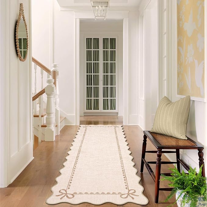 GarveeHome Scalloped Hallway Runner Rug 2.5x8 Non Slip Bedroom Rugs, Beige | Washable Bow Rug for Girls Dorm Nursery Living Room Entyrway Kitchen, Soft Low Pile Ultra-Thin Indoor Carpet