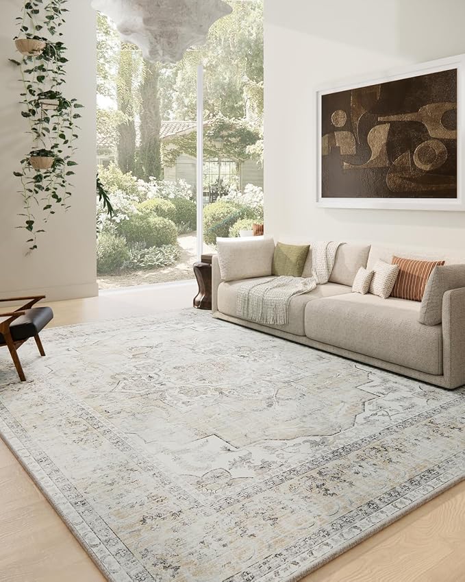 10x14 Area Rugs for Living Room: Large Washable Rug Lightweight Non Slip Low Pile Soft Faux Wool Non Shedding Distressed Vintage Floral Carpet for Bedroom Dining Room Kids Playroom Nursery Farmhouse