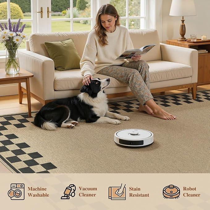 UERMEI 4x6 Outdoor Jute Area Rug Patio Neutral Washable Checkered Brown | Easy Non Slip Pet Friendly Indoor Farmhouse Carpet for Living Room Bedroom Dining Backyard