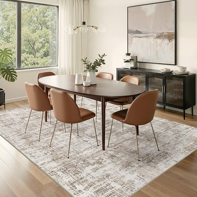 Nakagishi 9X12 Abstract Washable Area Rugs for Living Room-Brown-02 | Modern Non-Slip Silicone Backing Low Pile Soft Carpet for Bedroom Dining Decor Ideal for Families with Kids and Pets