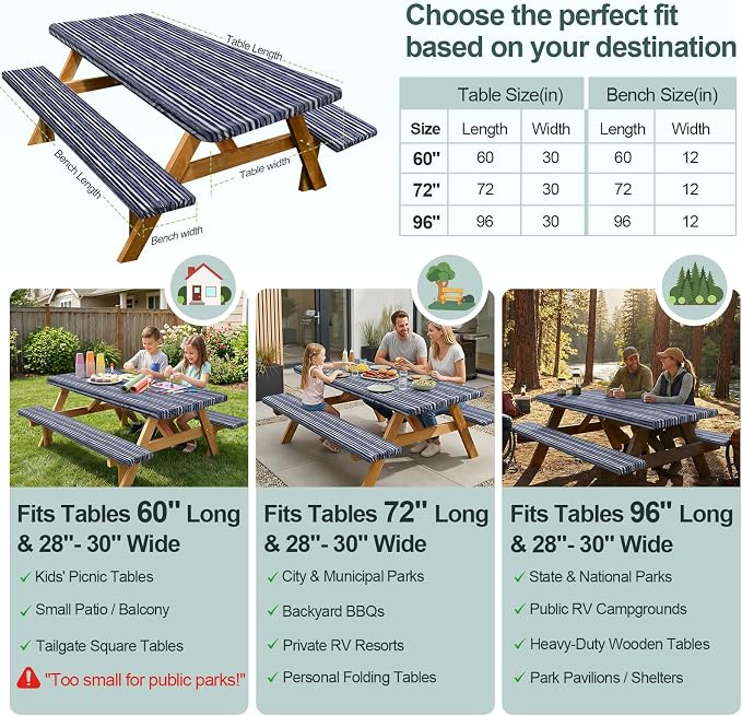 Play Tailor Picnic Table Cover with Bench Covers Camping Essentials Waterproof Windproof Camping Tablecloth with Drawstring Bag, Fitted Rectangle Tables and Seats, 72in, Navy Blue Stripes