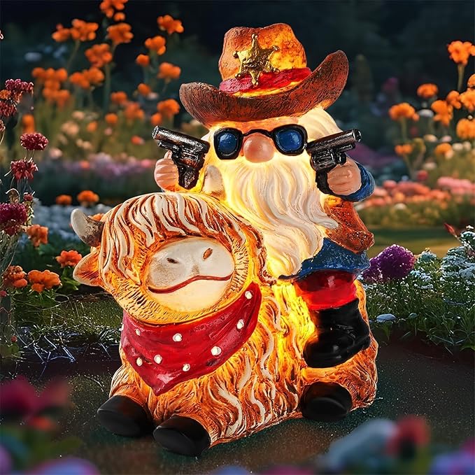 Solar Highland Cow Gnome Statue - Hand-Painted Resin Outdoor Decor for Garden & Yard, Unique Mothers Day Birthday Gifts for Grandma Women (Weatherproof)