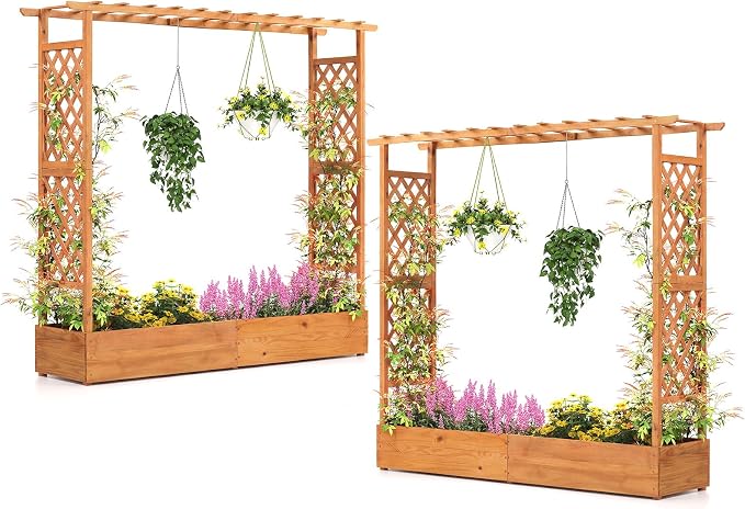 Giantex Set of 2 Raised Garden Bed with Trellis & Hanging Roof, Wood Planter Box with Bottom and Drainage Holes, Freestanding Garden Planter for Flower Vegetable Fruit Herb Climbing Vines, 77"x17"x70"