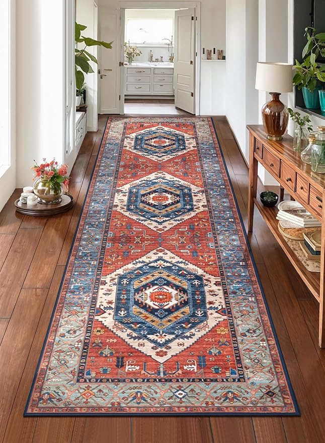 SERISSA 2'6"x8' Washable Non Slip Boho Runner Rug for Hallway，Rust | Ultra Soft Vintage Oriental Carpet Low-Pile Distressed Tribal Floor Carpet for Kitchen Bedroom Bathroom Laundry Room