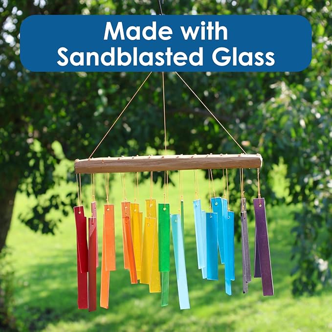 Blue Handworks Color Spectrum Glass and Driftwood Chime | Sandblasted Glass and Found Wood Hand Crafted Wind Chime