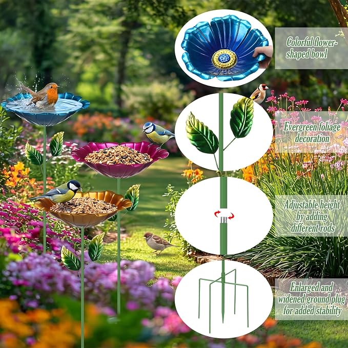 3 Pack Metal Bird Baths for Outdoors 31.5" H x 10.6" D Flower Bird Feeders with Metal Stake Colorful Hummingbird Watering Station for Garden Yard Lawn Decoration