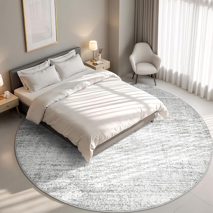Valenrug Round Rugs 6ft, Circle Washable Area Rugs for Living Room, Grey | Soft Low Pile, Thin & Lighweight Non Slip Carpet, Folable Stain Resistant Modern Indoor Floor Mat for Bedroom, Dining Room