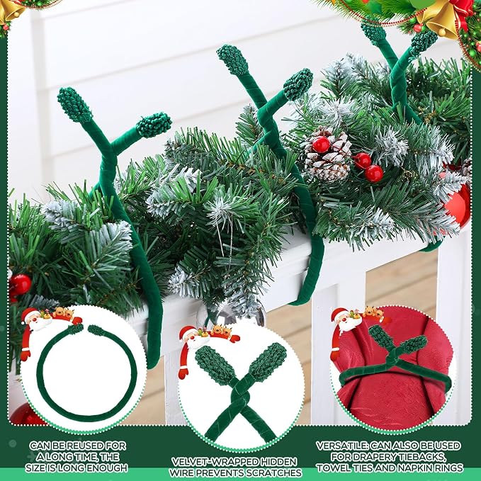 Zhengmy 16 Pcs 25 Inches Christmas Velvet Garland Ties Christmas Decorative Twist Ties for Banister Reusable and Flexible Twist for Xmas Home Decorations Holiday Craft Wrapping(Green)