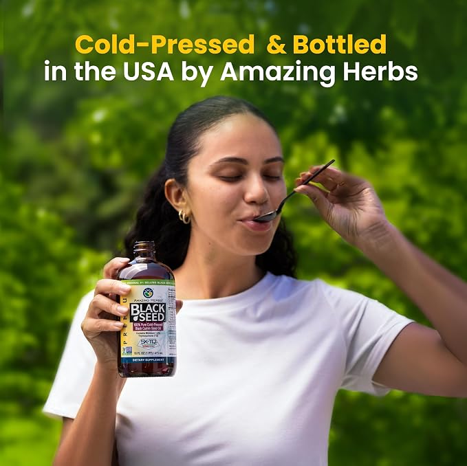Amazing Herbs Premium Black Seed Oil - Cold Pressed Nigella Sativa Aids in Digestive Health, Immune Support, Brain Function, Joint Mobility, Gluten Free, Non GMO - 4 Fl Oz