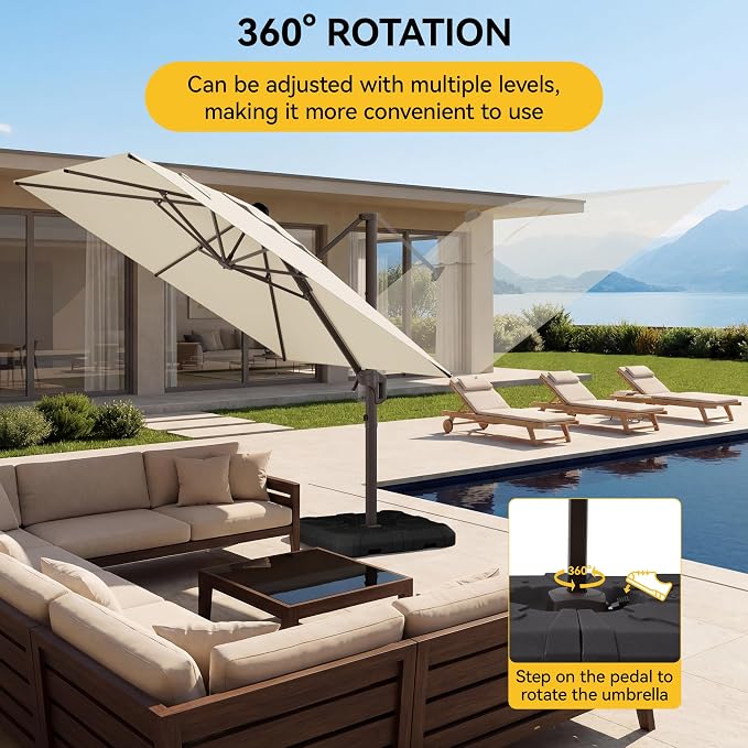 10x10FT Cantilever Outdoor Umbrella, 360° Rotating Large Offset Square Patio Umbrella, Ideal for Garden Backyard Deck Courtyard, Beige
