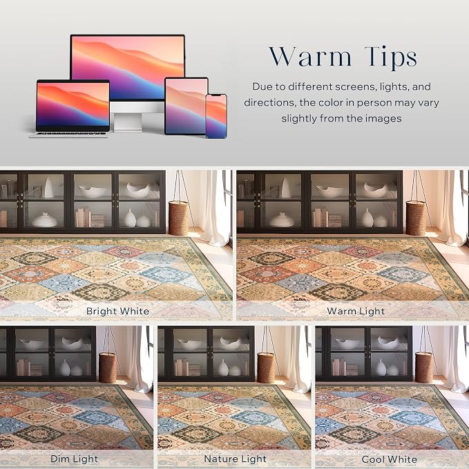 Phantoscope Washable Area Rug 5'x7' Non-Slip, Vintage Boho Rugs for Living Room, Bedroom, Dining Room, Distressed Moroccan Mosaic Diamond Pattern, Low-Pile Foldable Floor Carpet, Terracotta/Rust