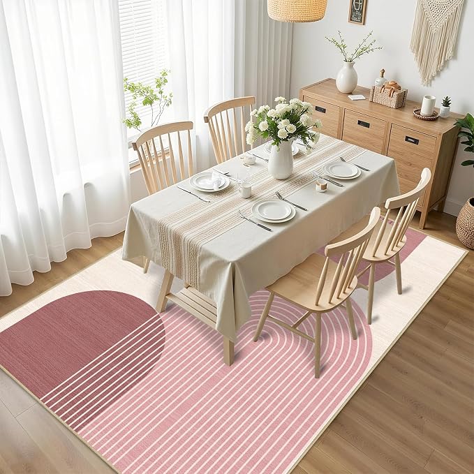 Boho Large Area Rug 4x6 for Living Room Bohemian Rugs Machine Washable Modern Geometric Rug Non Slip Printed Low Pile Indoor Floor Carpet for Dining Room Bedroom Office,Pink