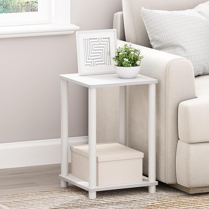 Furinno Turn-N-Tube Side Table, 2-Tier Modern Square End Table with Open Shelf, Toolless Night Stand, Bedside Table, for Living Room, Bedroom, White