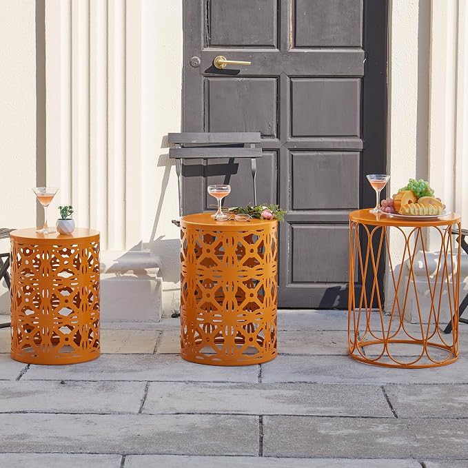 Y&M Outdoor Side Tables Set of 3, Round Metal Stacking Patio Side Tables, Indoor & Outdoor End Tables, Decorative Garden Stool Plant Stand for Patio, Garden, Balcony, Porch, Orange