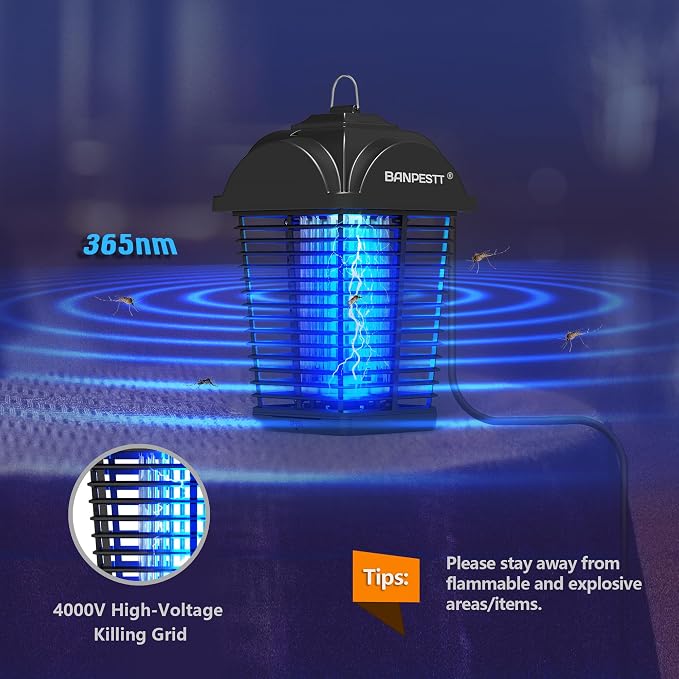 BANPESTT Bug Zapper Outdoor - Plug in Electric 4000V Mosquito Killer - Waterproof Indoor/Outdoor with Dusk-to-Dawn Sensor, Durable Grid & Easy-Clean Tray for Patio, Garden & Home (Black)
