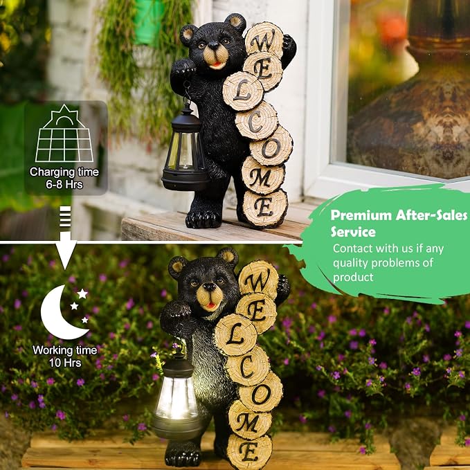 Qeeman Solar Bear for Garden Decor: Weatherproof Resin Statues | Warm Glow Lantern Outdoor Decoractions for Yard Pathway Patio Porch Balcony Front, Gifts for Mom Grandma Lovers