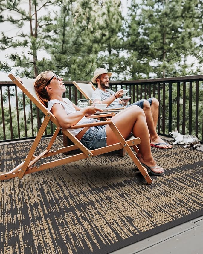 MontVoo Outdoor Rug Waterproof 8x10 ft Outdoor Carpet Patio Rug Mat Reversible RV Camping Rug Plastic Straw Outside Rug for Balcony Porch Deck Picnic Beach Modern Black Brown