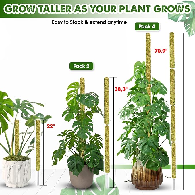 DUSPRO Natural Stackable Moss Pole for Plants Monstera Potted Plant Stakes for Indoor Plants Extendable Plant Pole Moss Sticks for Plants Climbing Vine Supporting Monstera Trellis 10Pcs 22''