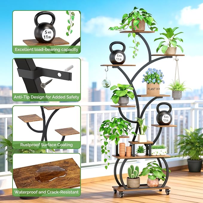 Plant Stand with Grow Lights 2-Pack, 61" Tall Indoor Plant Shelf with Multi-Color Full Spectrum LED Lights and 360° Lockable Wheels, 10-Tier Tree-Shaped Decorative Plant Rack Set of 2, for Living Room, Balcony & Office, Black and Brown