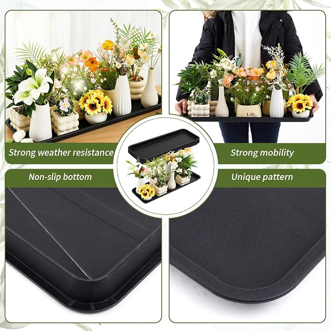 Cinnvoice 4 Pack Black 30 x 9.8 x 1.2 Inch Rectangle Plant Saucer Large Plastic Plant Tray Water Drip Trays for Windowsill Flower Pot Planter Drainage Germination Garden Outdoor Indoor Use