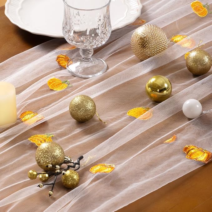 Socomi Falll Thanksgiving Table Runner Pumpkin Leaf Tulle Gauze Cheesecloth Embroidery Sheer Table Runners for Wedding Party Baby Shower Birthday Holiday Picnic Home Decor