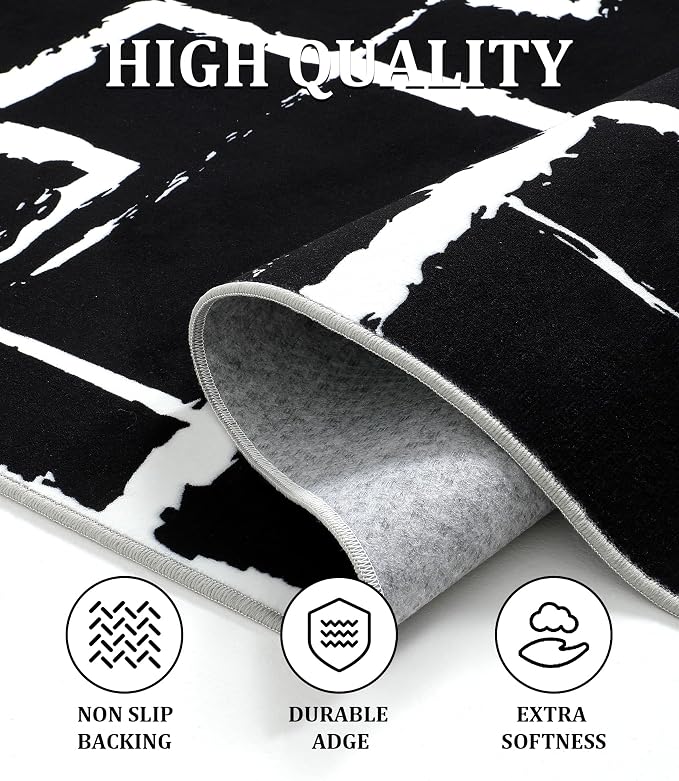 Black Modern Geometric Area Rug 8x10, Black and White Rug with Abstract Rectangular Patterns,Non-Shedding Washable Rugs for Bedroom, Home Office and Living Room