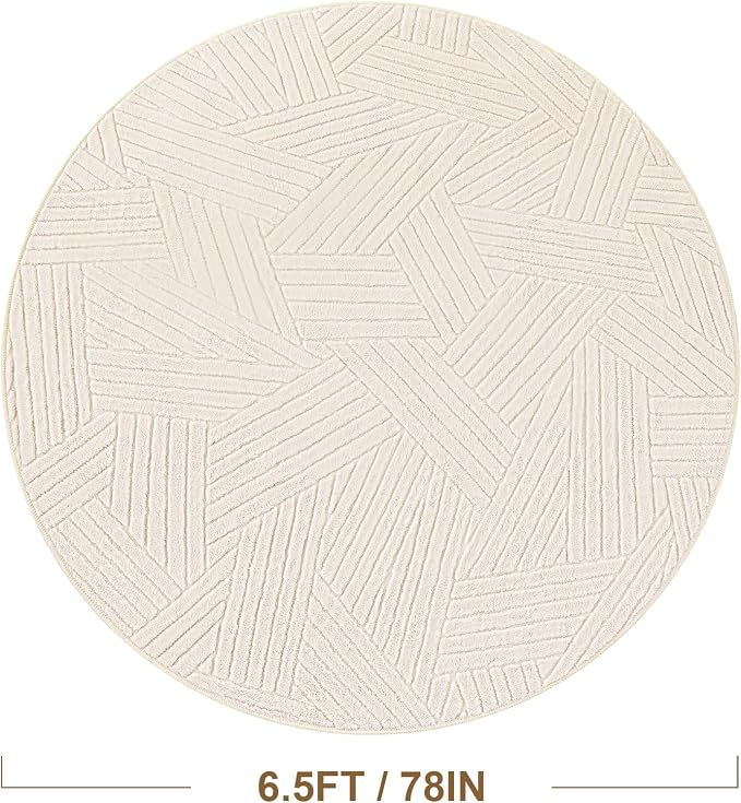 Carvapet Washable 6.5' Round Rug High Low Pile Beige Area Carpet | 3D-effect Soft plush non-slip indoor floor rug, ideal for living room, bedroom, home and kids nursery decor