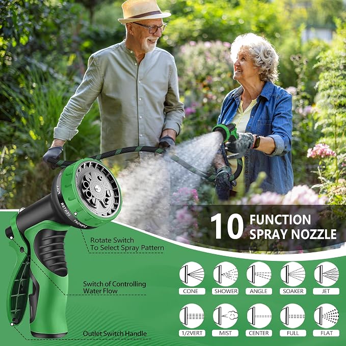 100 ft Flexible Garden Hose with 10 Spray Nozzle-Heavy Duty Superior Strength 96D Material Garden hoses -5-Layer PTE Latex Core - Lightweight Water hoses- Extra Strong Brass Connectors Garden hose