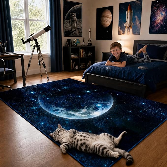 9CH Galaxy Rug for Kids Bedroom, Dark Blue Space Rug with Starry Sky Design, Soft Washable Celestial Moon Carpet for Boys Girls Playroom Living Room 5' X 7'