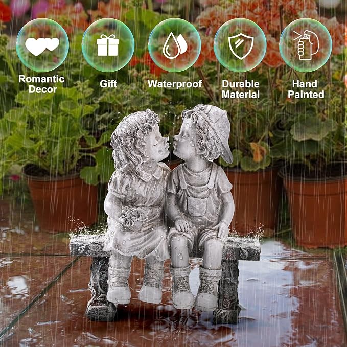Lily's Home 8.25-Inch First Kiss Statue - Resin Garden Decor for Outside - Outdoor and Garden Decorations - Little Girl and Boy Kissing Yard Miniature Figurine - Small and Exquisite