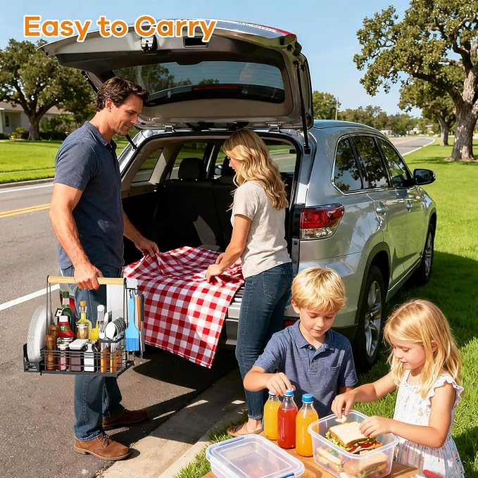 JBBTOOL Grill Caddy, BBQ Caddy with Paper Towel Holder & Utensil Holder, Picnic Caddy Organizer for Outdoor Cooking, Camping Essentials, Tailgating, Camping Must-Have for Patio, RV, Camper