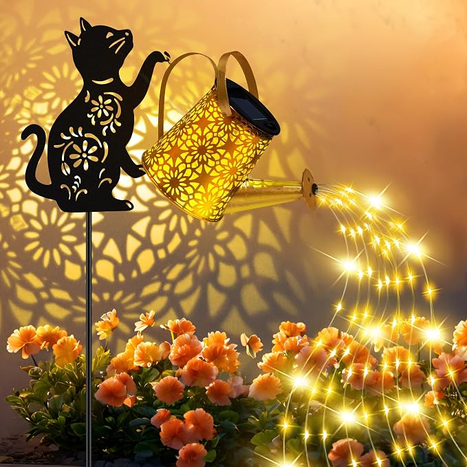 Solar Lights Outdoor Decorative, Watering Can with Cascading Lights, with Cat Silhouette Garden Stakes, Waterproof Metal Garden Decor for Yard Art, Outside, Patio, Lawn 2PACK