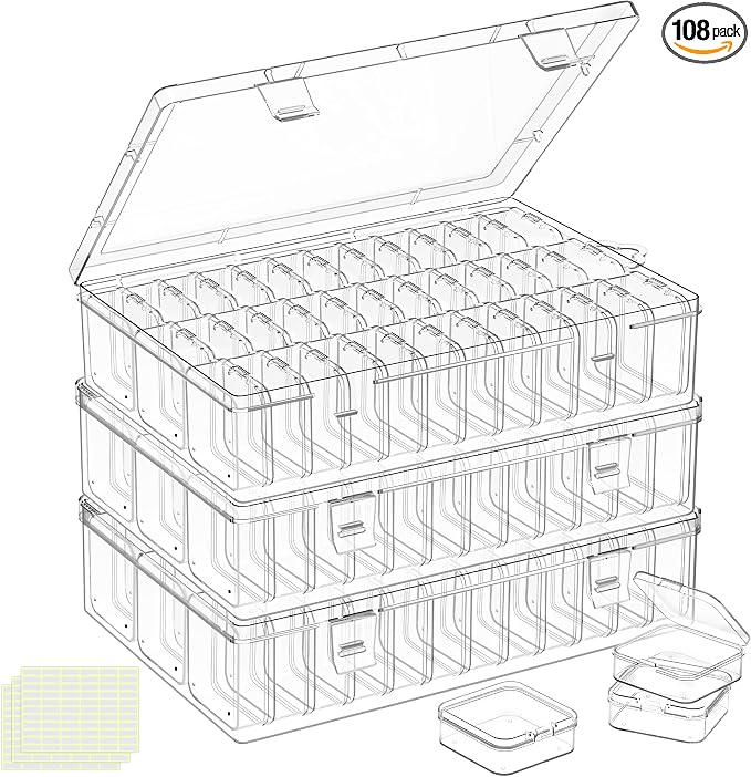 Bead Organizer Box, 108 Pcs Mini Clear Bead Storage with Hinged Lid and Labels, Small Plastic Containers for Jewelry Making, DIY Craft, Diamond Painting, Screws, Nail Art, and Seeds (3 Pack)