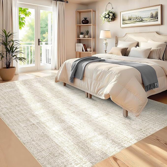 Garvee Washable 8x10 Rug for Living Room Modern Solid Neutral Rug Beige | Soft Non Slip Rugs for Bedroom, Low Pile Neutral Rug, Stain Resistant Foldable Carpet for Playroom Dorm, Farmhouse Rugs