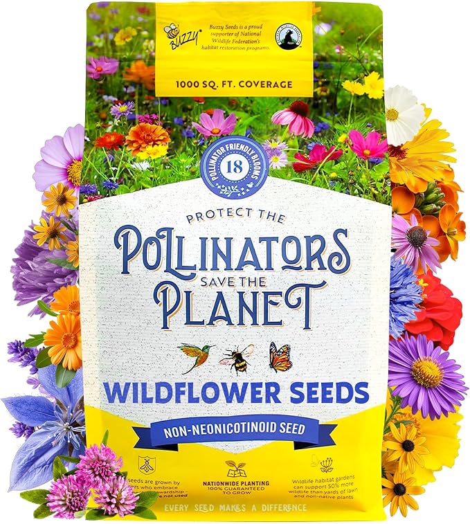 BUZZY Wildflower Pollinator Seed Mix (1lb Bag), 18 Pollinator-Friendly Varieties, Protect The Pollinators & Save The Planet, Coneflower, Sunflower, Calendula, Cosmos, & More, Growth Guaranteed