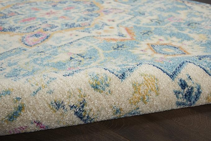 Nourison Home Passion Ivory Light Blue 5' x Round Area Rug - Easy Clean, Non Shedding, Bed Room, Living Room, Dining Room, Kitchen (5' x Round)