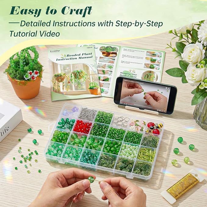 Ecoofor Green Beads Beaded Plant Kit, Makes 3 Plant Pots, Glass & Crystal Leaf Pieces, Video Tutorials Included, Handmade Gift for Plant Lovers, Beaded Plant Kit