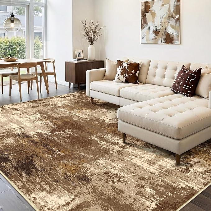 RELEANY Washable 9'x12' Abstract Area Rug for Living Room Brown Tan | Carpet for Bedroom, Kitchen, Office, Hallway and Entryway, Printed Pattern, Non‑Slip, Soft, Stain‑Resistant, Easy to Clean