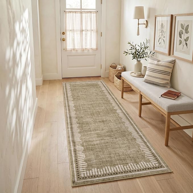 Garvee 2x8 Runner Rug Hallway Kitchen Washable Neutral Solid Taupe Runners | Low Pile Stain Resistant Modern Geometric Living Room Bedroom Long Runner Throw Carpet Scalloped Nuesery Entry Area Rugs