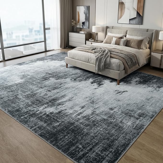 4x6ft Black and Grey Low-Pile Abstract Area Rug Mid-Century Modern | Machine Washable Non-Slip Stain Resistant Thin Carpet: TPR Back Pet and Kid Friendly for Living Room Bedroom Home Decor