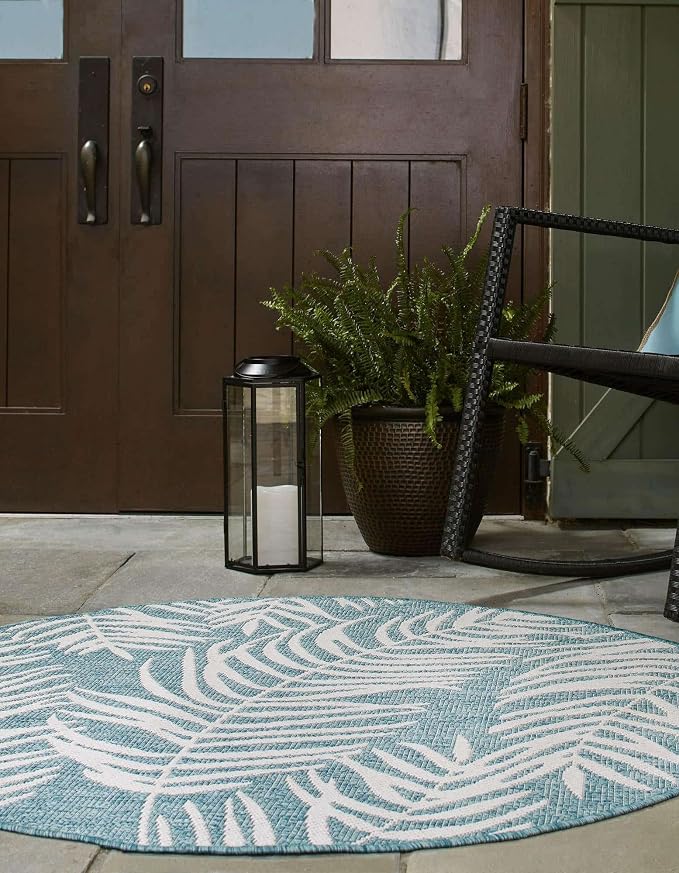 Unique Loom Outdoor Botanical Collection Area Rug - Palm (10' Round Light Aqua/Ivory)