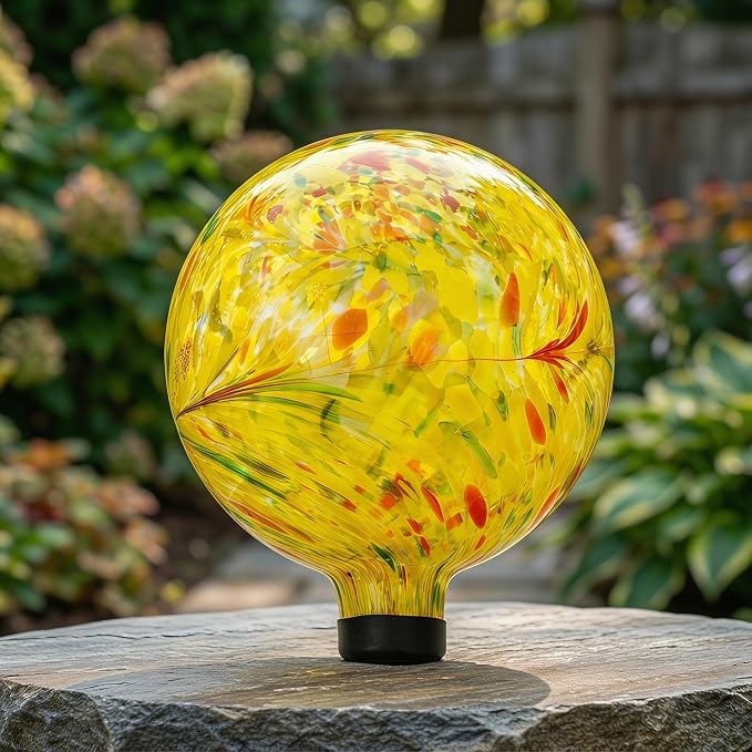 Glass Outdoor Gazing Globe, 10" Hand Blown Yellow Swirl Gazing Ball | Decorative Garden Orb for Yard, Patio, Lawn & Flower Beds