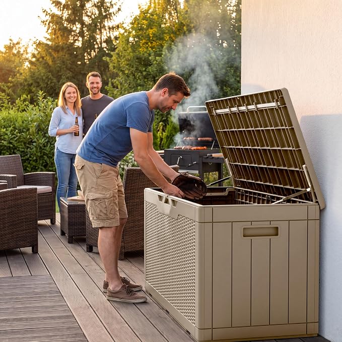 Flamaker Outdoor Storage Box 100 Gallon Waterproof Resin Deck Box Delivery Box with Air Rod Indoor Outdoor Lockable Storage Bench for Patio Cushions, Tools, Pool Accessories (Brown)