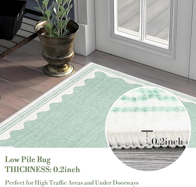 2.5x8 Scalloped Runners Green Washable Hallways Bedroom Rug | Solid Non Slip Scalloped Bath Runner, Rugs for Bedroom Girls, Rugs for Kitchen Floor Soft Dorm Nursery Carpet for Bedside