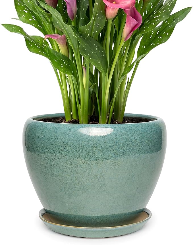 9.5 Inch Ceramic Plant Pot with Drainage Hole Mesh Net,Modern Gardening Pots for Indoor Plants with Saucer, Blue-Green