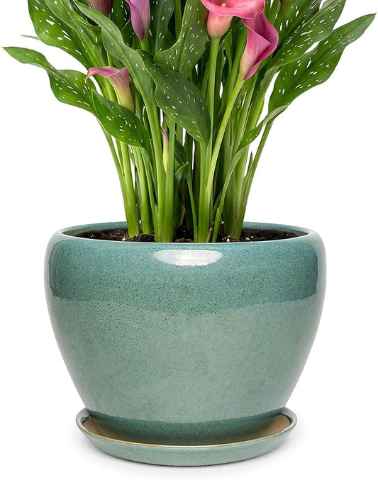 9.5 Inch Ceramic Plant Pot with Drainage Hole Mesh Net,Modern Gardening Pots for Indoor Plants with Saucer, Blue-Green
